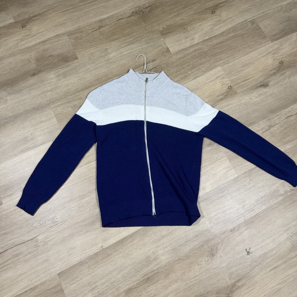 INC International Concepts Colorblock Full Zip Sweater Mens L Grey White Blue